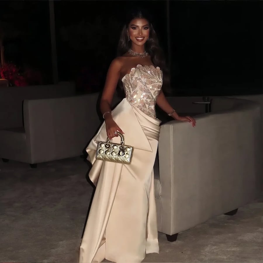 Champagne Embellished Satin Gown MS231
