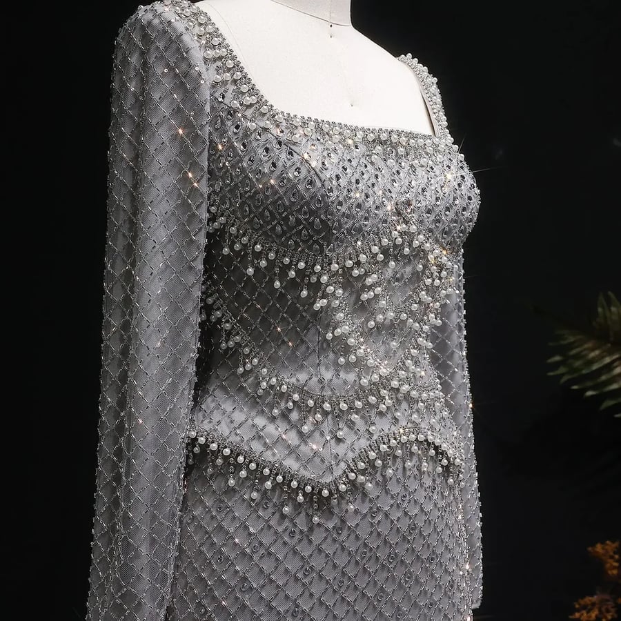 Pearl-Embellished Crystal Evening Gown MS207