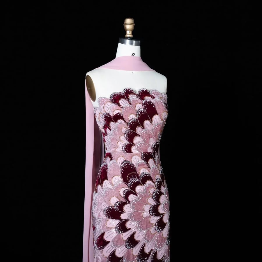 Pink and Burgundy Feather-Pattern Gown MS203