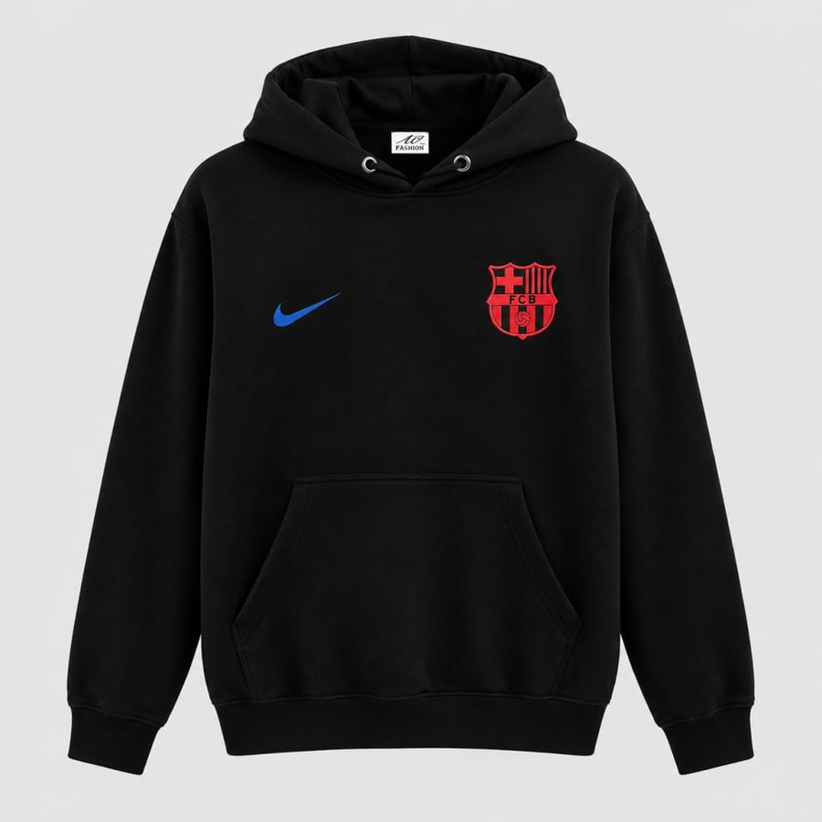 هودي برشلونة الأسود بشعار كبير – تصميم مميز