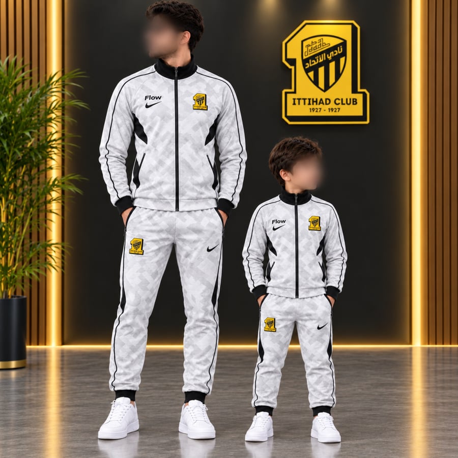 طقم الاتحاد السعودي الرياضي الرجالي والأطفال – اللون الأبيض والرمادي
