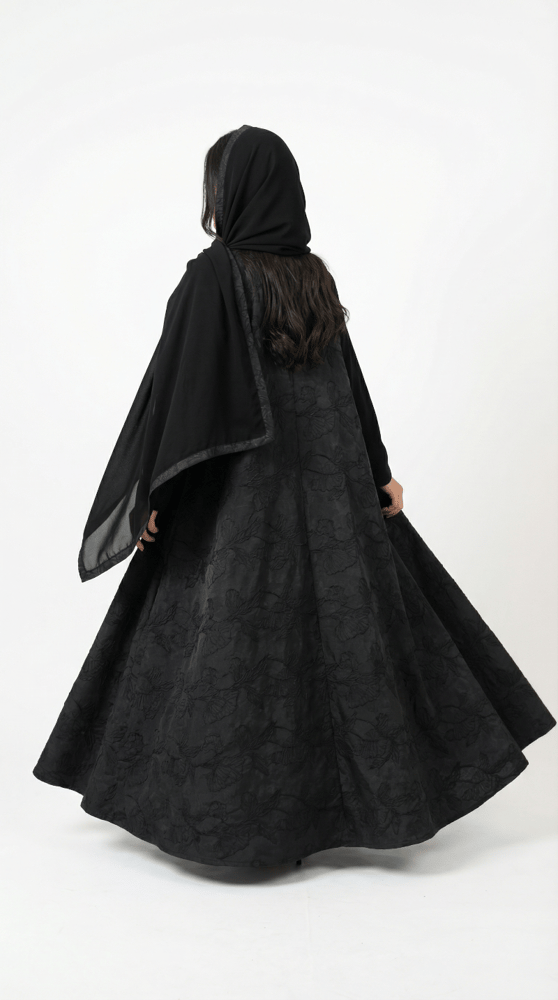 Luxurious Indian Jacquard Abaya with crepe sleeves and collar, royal story, flared cut