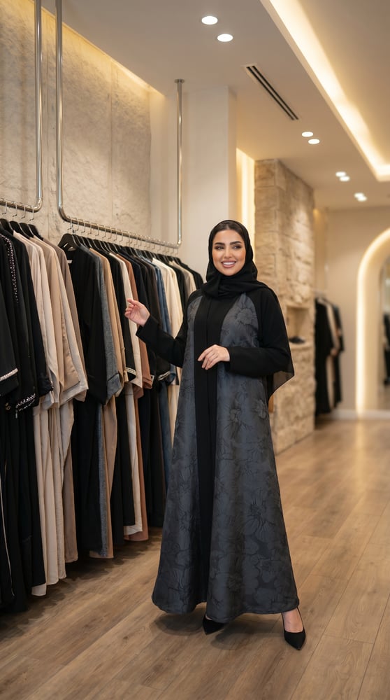 عباية جاكار هندي مع كريب ملكي على الأكمام و الياقة على كامل أطراف العباية