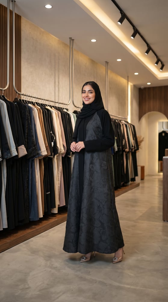 عباية جاكار هندي مع كريب ملكي على الأكمام و الياقة على كامل أطراف العباية