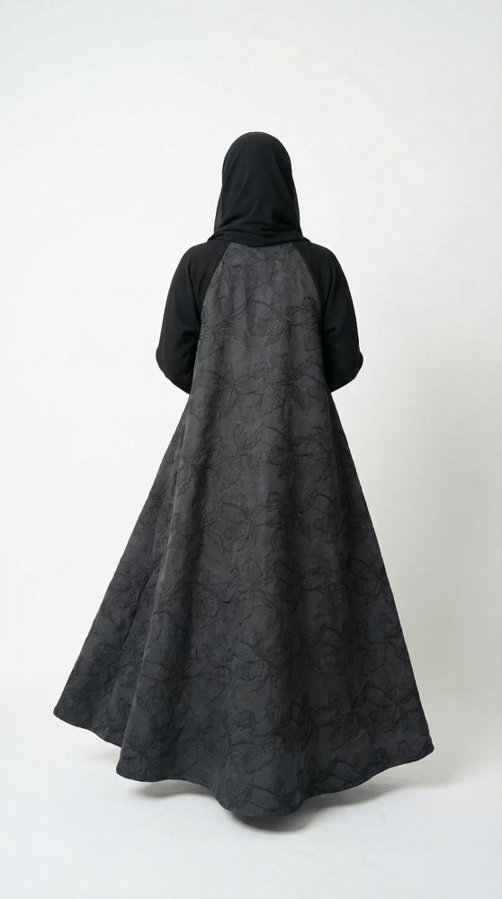 Luxurious Indian Jacquard Abaya with crepe sleeves and collar, royal story, flared cut