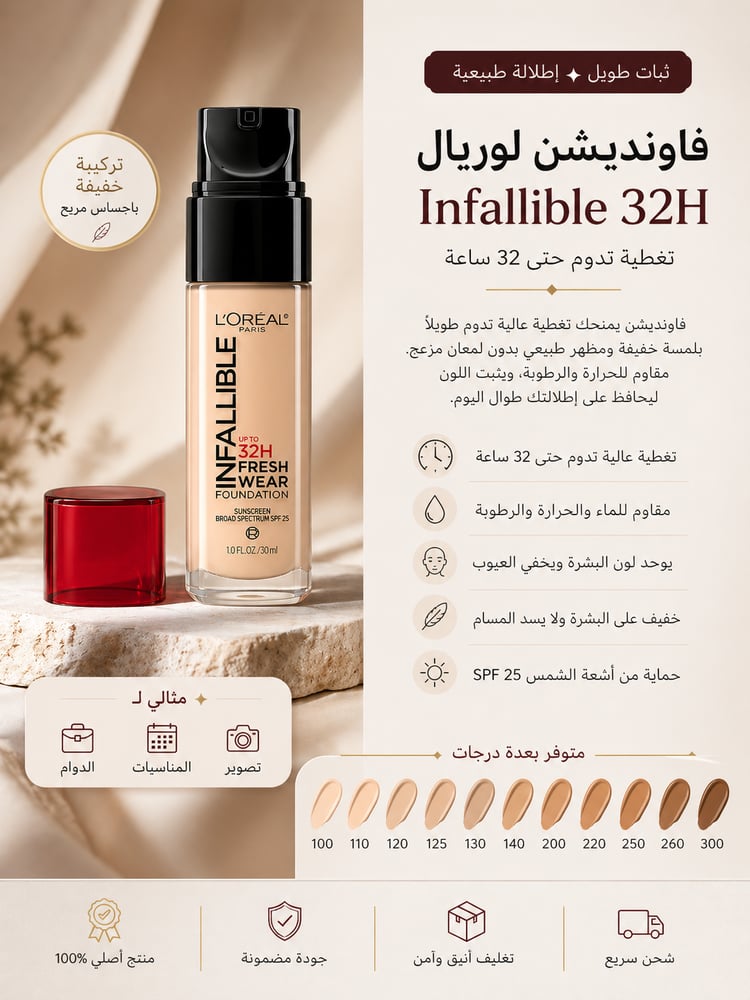 فاونديشن لوريال Infallible 32H – ثبات طويل وتغطية مريحة