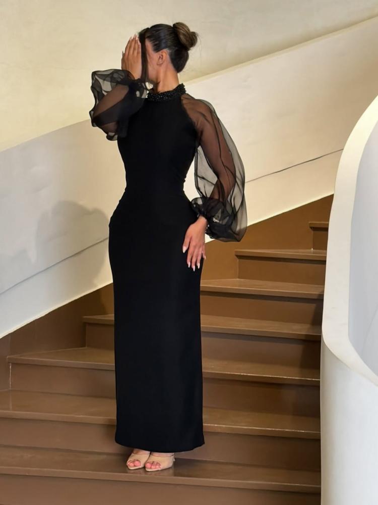 فستان أسود ناعم باربي مع أكمام اورجنزا لمعه من miar Fashion