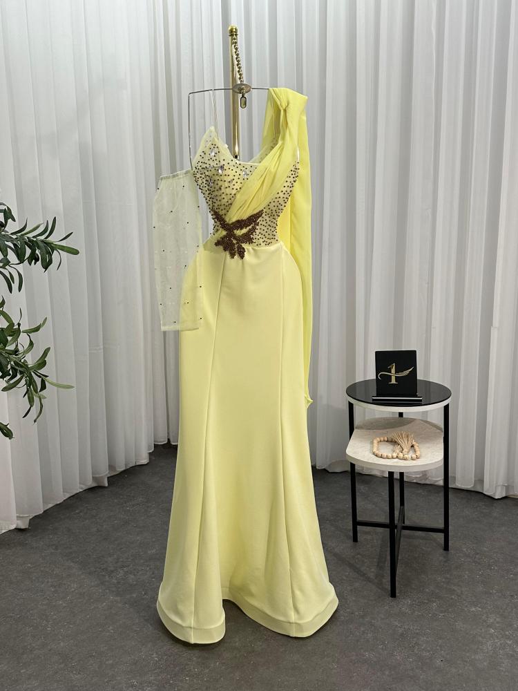 فستان ليموني كريب إسترتش مع شيفون رااقي / Mair Fashion