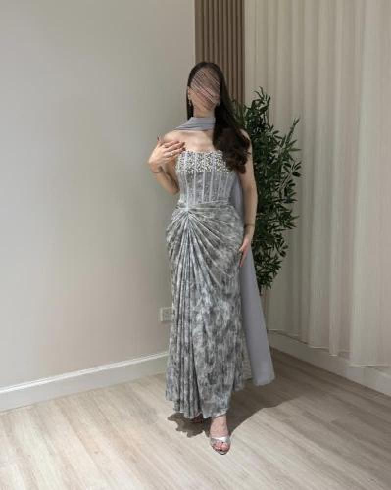 فستان سهره رصاصي أسترتش تطريز يدوي شال شيفون ملكي من miar fashion