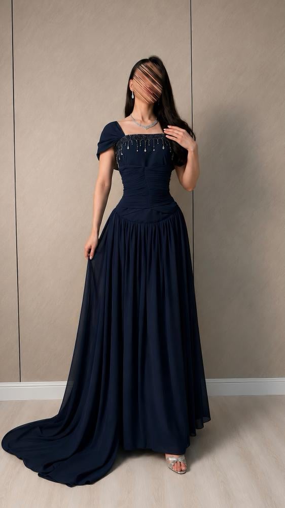 فستان سهرة كحلي شيفون تطريز يدوي متفن من miar fashion