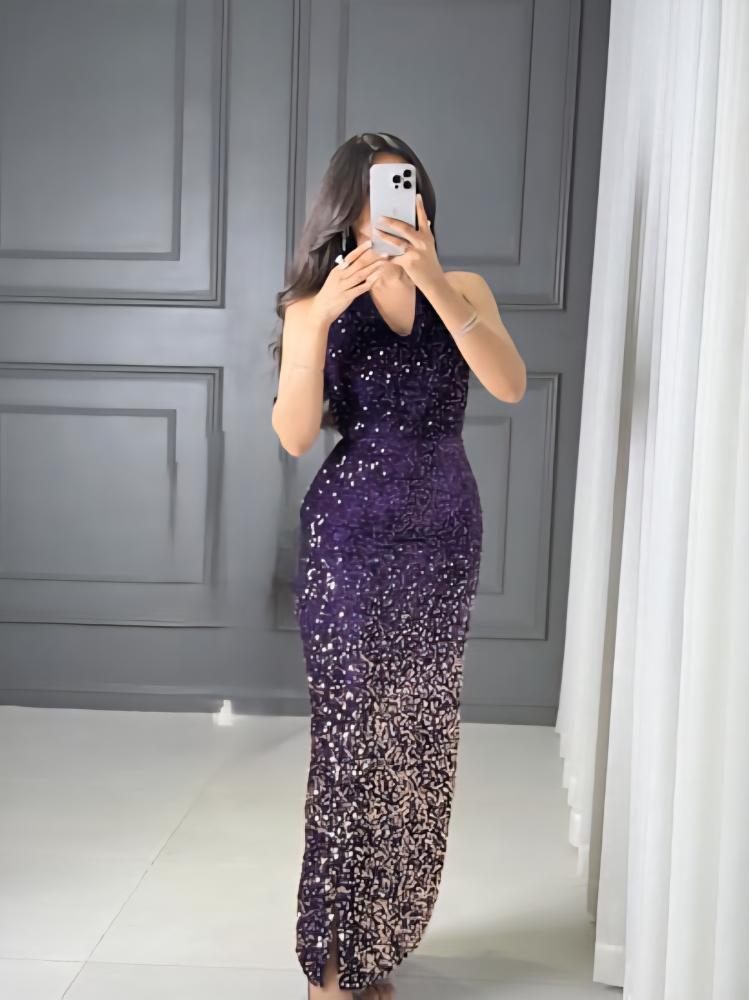 فستان سهرة بنفسجي مزين بكلفة من الترتر اللامع miar fashion