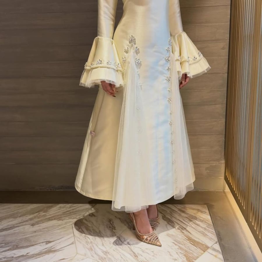 Evening dress off white Mikado embroidery crystal very luxurious from Miar Fashion