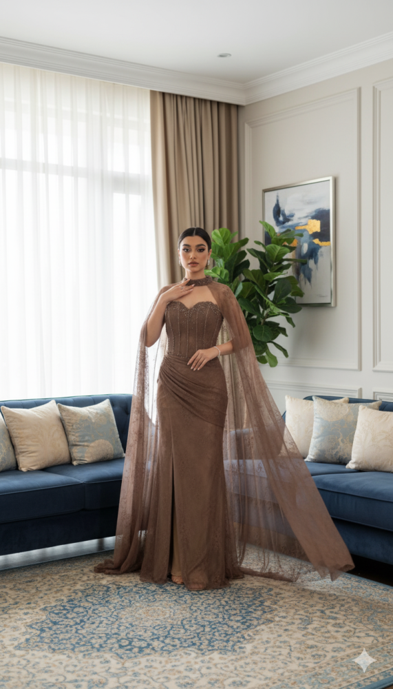 Light brown evening dress with lace embroidery on an elegant shawl MIARFASHION