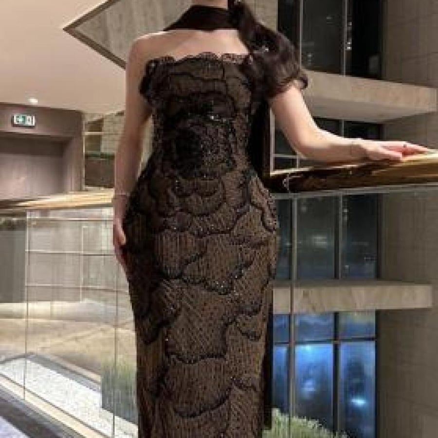 فستان سهره تل شال جورجيت بطانه باربي فااخر من Mair Fashion