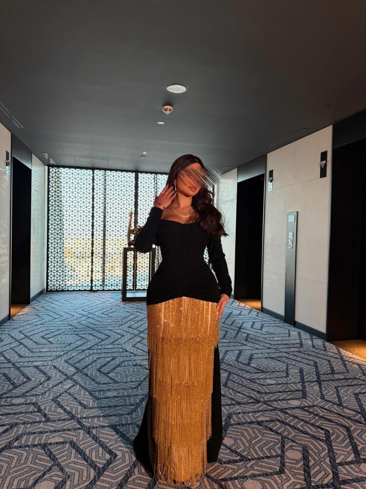 فستان سهره أسود باربي تفته مع هدب وخرز راق وفخم من Miar Fashion
