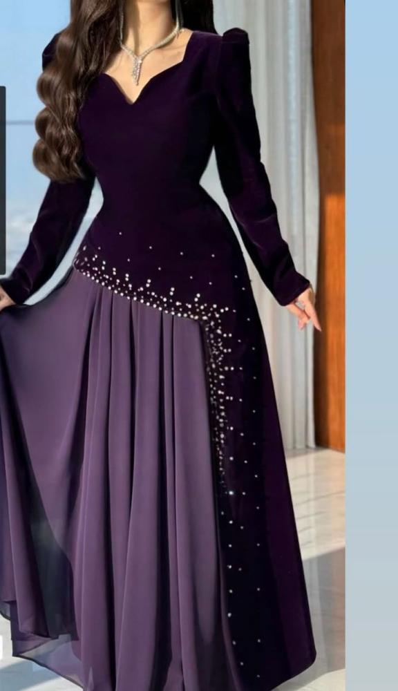 فستان سهرة البنفسجي بقماش الجوخ تطريز لول فاخر Miar Fashion