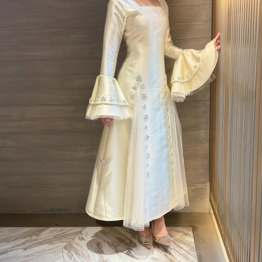 Evening dress off white Mikado embroidery crystal very luxurious from Miar Fashion