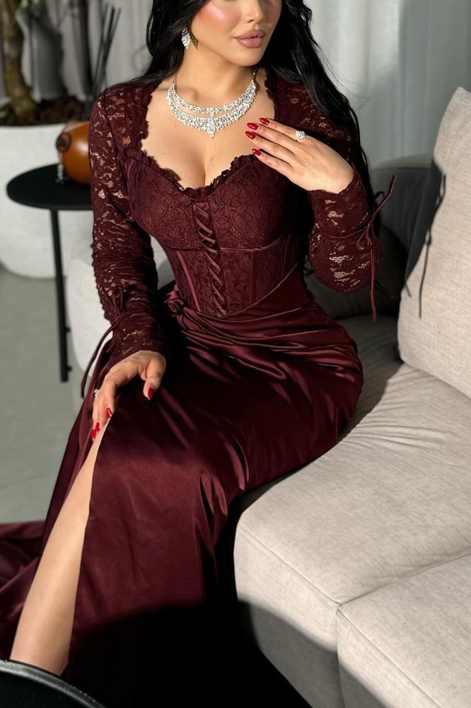 فستان عنابي كم دانتيل /Mair Fashion