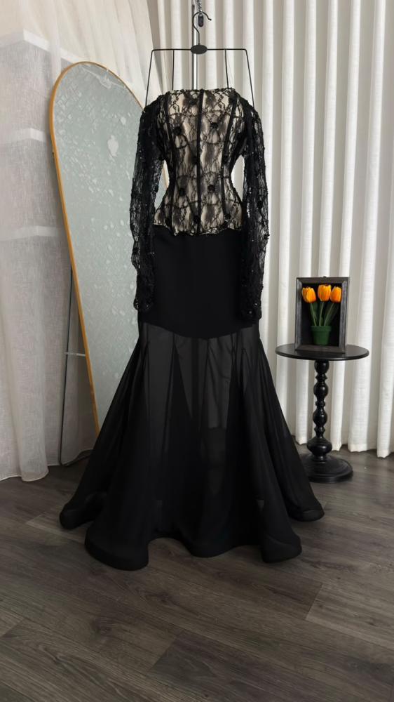 فستان سهره صدريه دانتيل بطانه باربي مع شيفون جورجيت انيق من miar Fashion