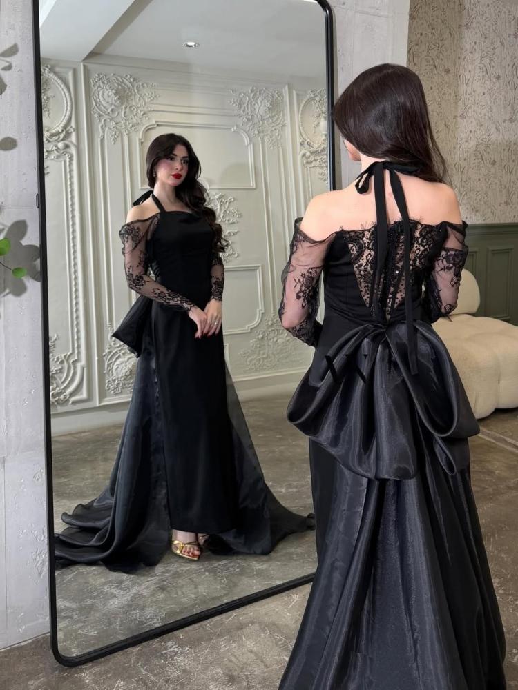 فستان سهره أسود باربي أكمام تل فيونكة جازار من miar fashion