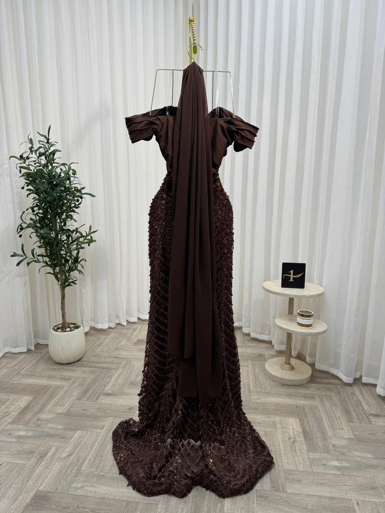 فستان سهره بني باربي مع قماش سهره من Miar Fashion