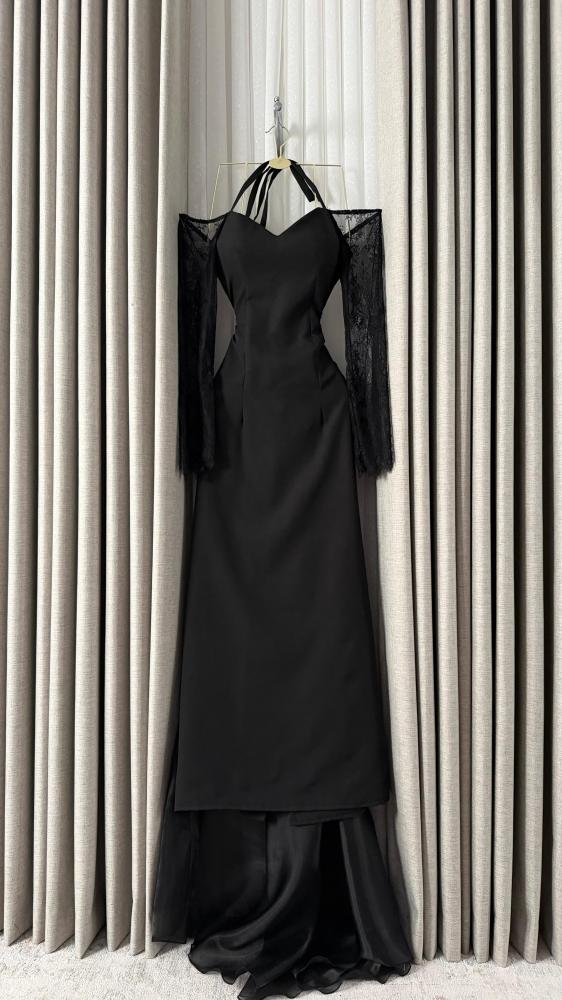 فستان سهره أسود باربي أكمام تل فيونكة جازار من miar fashion