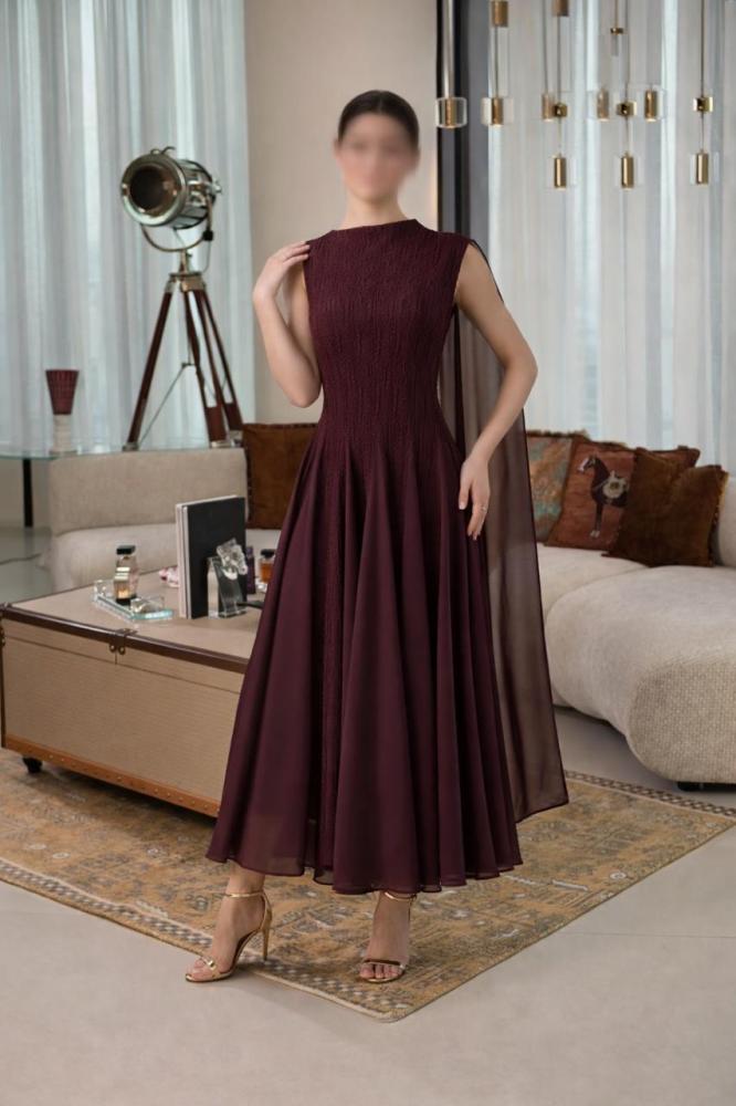 Maroon midi chiffon dress, elegant, from Miar fashion