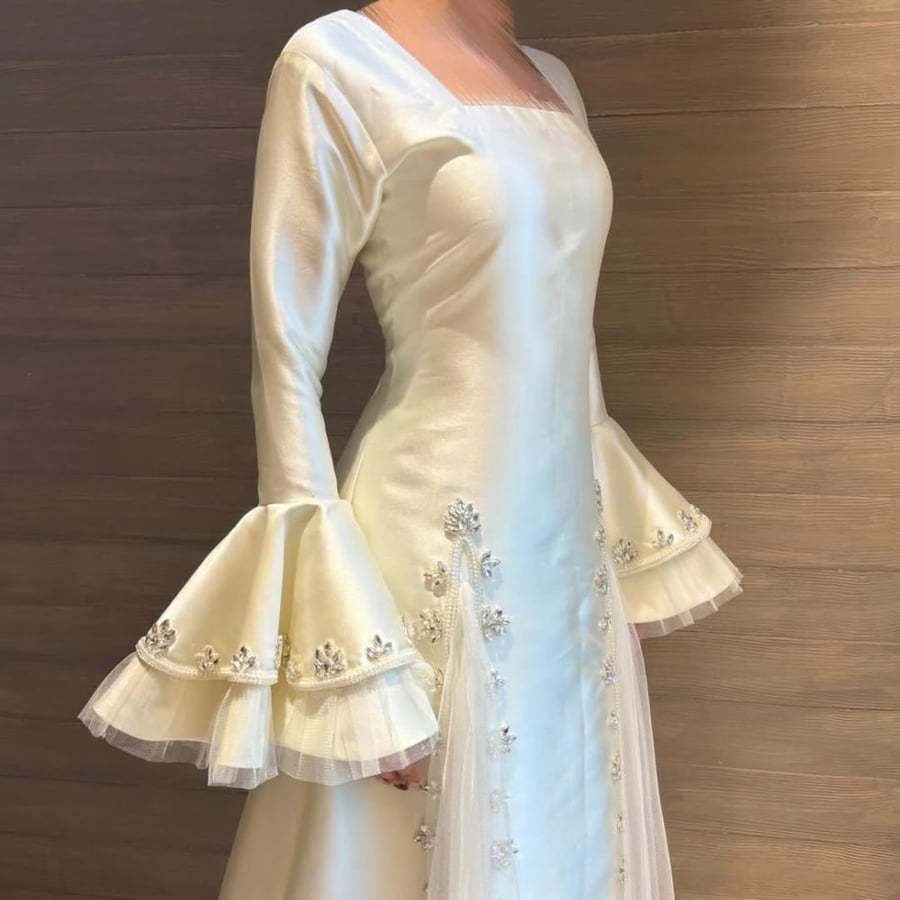 Evening dress off white Mikado embroidery crystal very luxurious from Miar Fashion