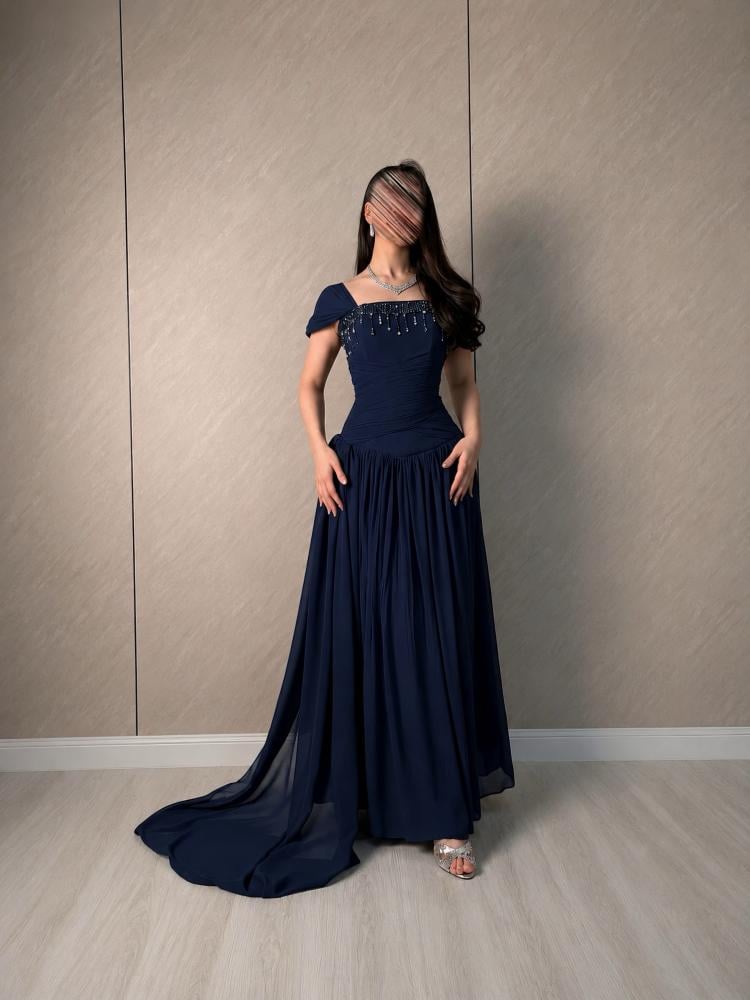 فستان سهرة كحلي شيفون تطريز يدوي متفن من miar fashion