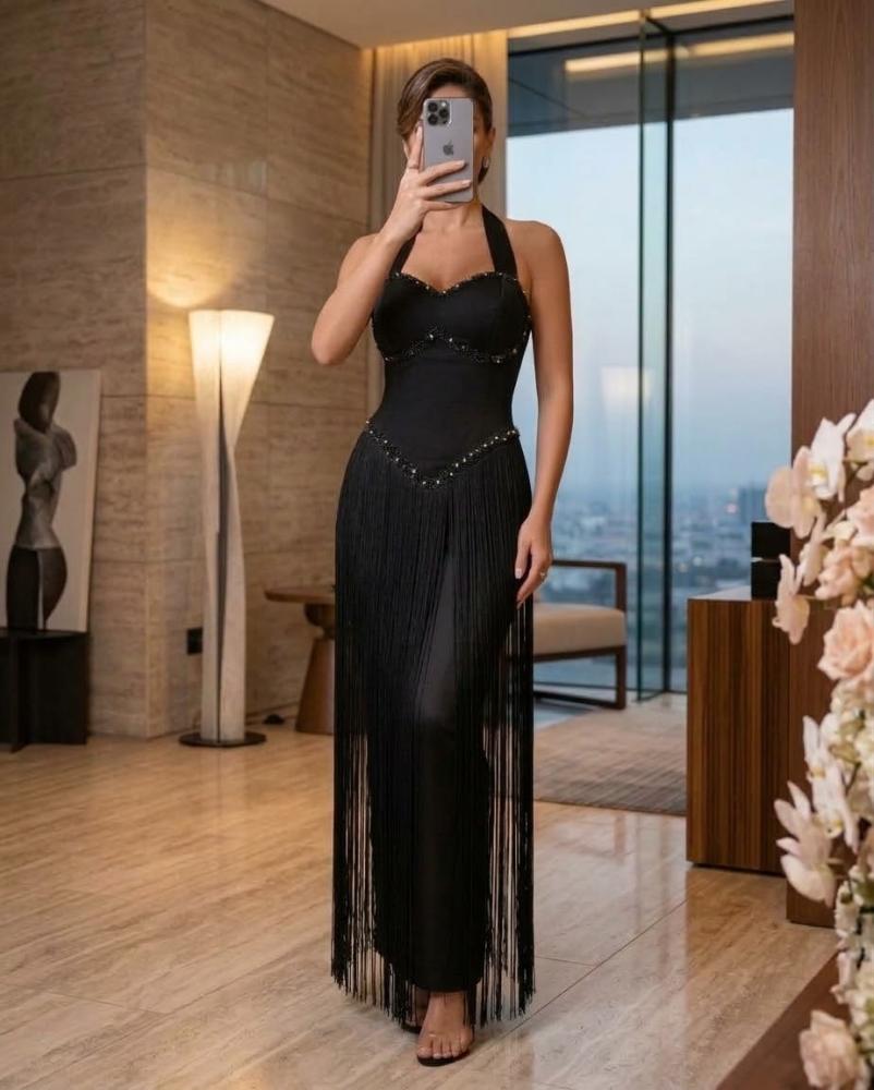 فستان سهرة أسود باربي تطريز يدوي مع هدب لمعه من miar Fashion