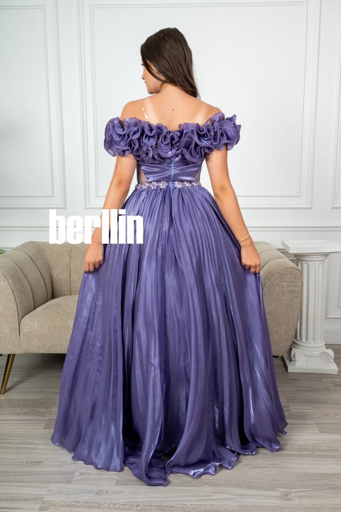 Long evening dress with luxurious rose embroidery, purple color