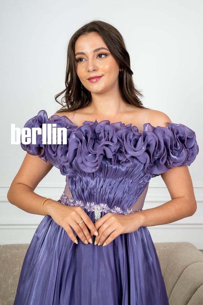 Long evening dress with luxurious rose embroidery, purple color