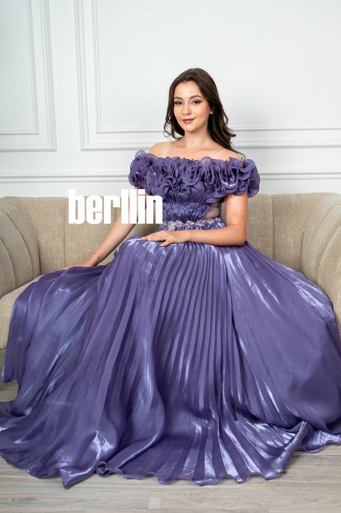 Long evening dress with luxurious rose embroidery, purple color