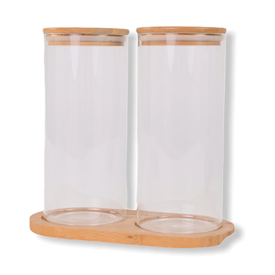A set of spice boxes with a wooden base
