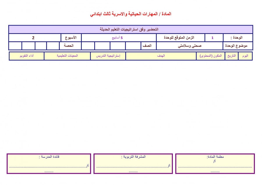 تحضير مادة المهارات الحياتية والتربية الاسرية ثانى ابتدائى الفصل الأول