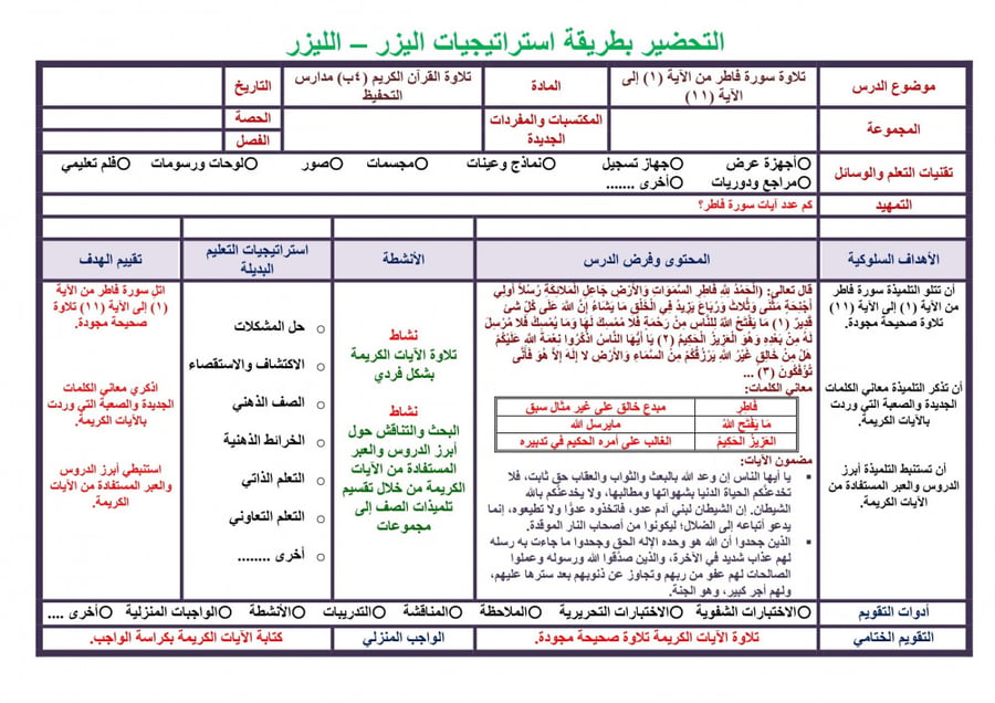 تحضير قران تلاوة رابع ابتدائي الفصل الثالث مدارس التحفيظ