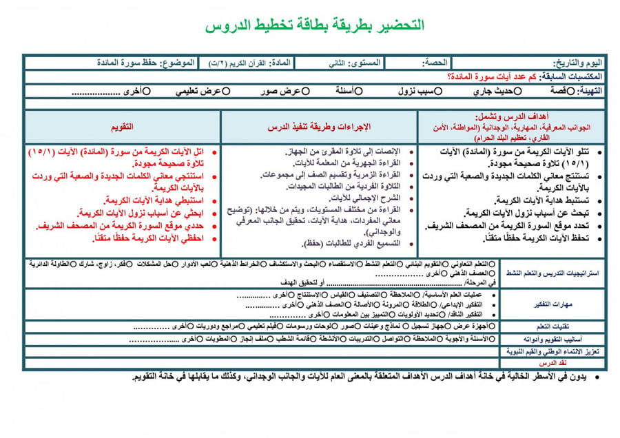 ورق عمل مادة القران 2 مقررات مدارس التحفيظ