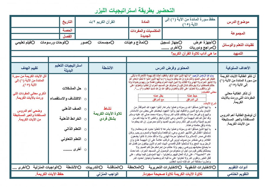 ورق عمل مادة القران 2 مقررات مدارس التحفيظ