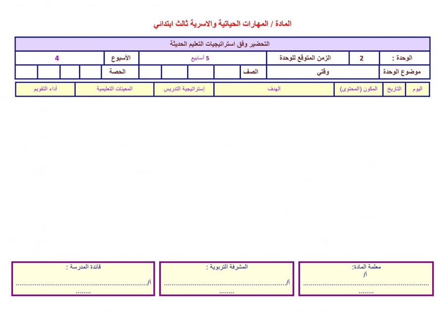 تحضير مادة المهارات الحياتية والتربية الاسرية ثانى ابتدائى الفصل الأول