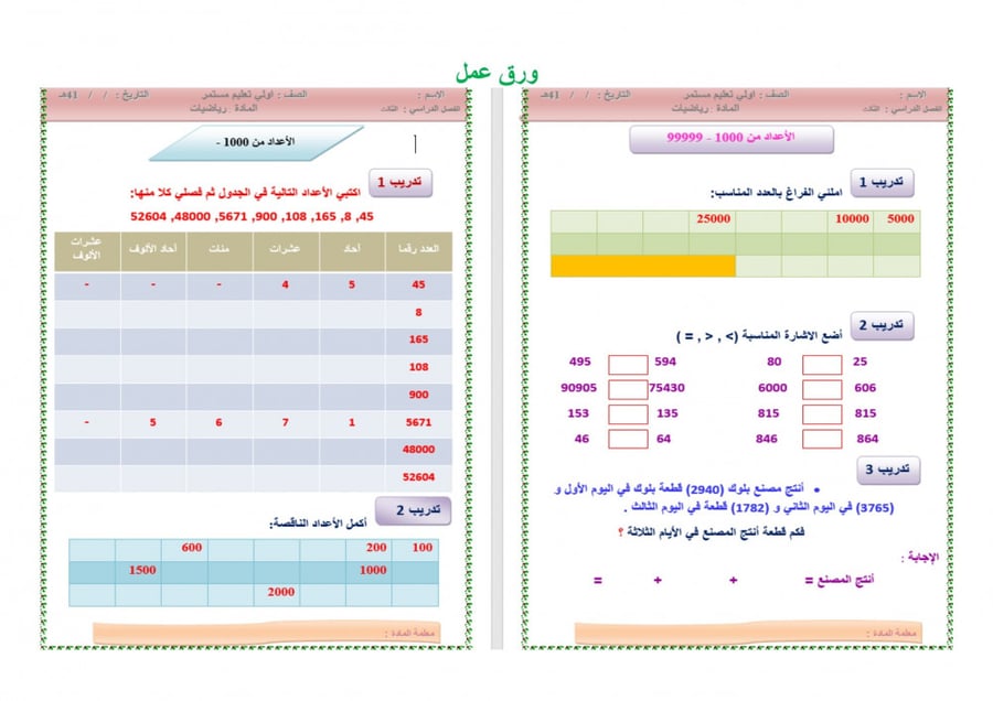 تحضير رياضيات اول كبيرات الفصل الثالث