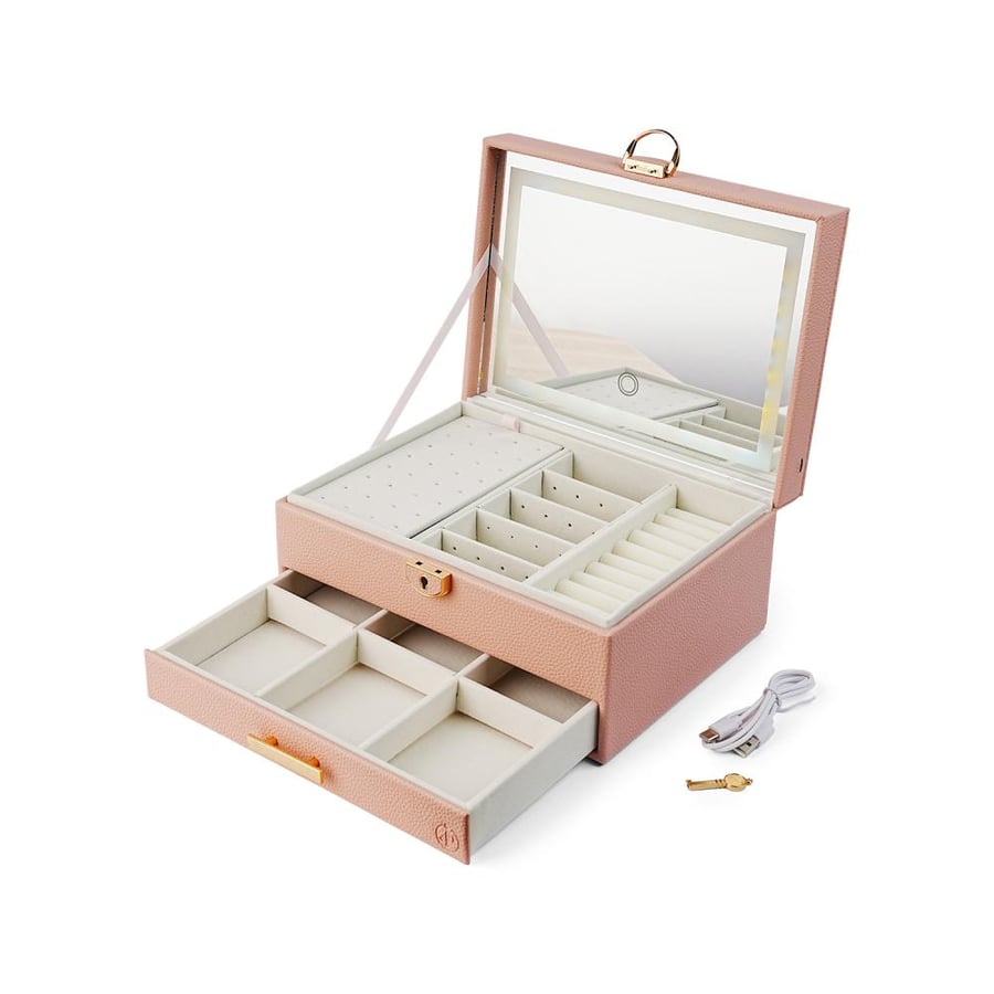 صندوق منظم مجوهرات بطبقتين وإضاءة - لون وردي |  23*17*11 سم