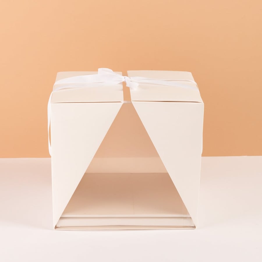 Luxury white cake box with clear windows and white ribbon