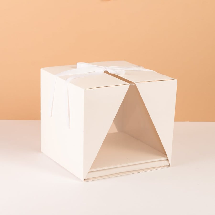 Luxury white cake box with clear windows and white ribbon