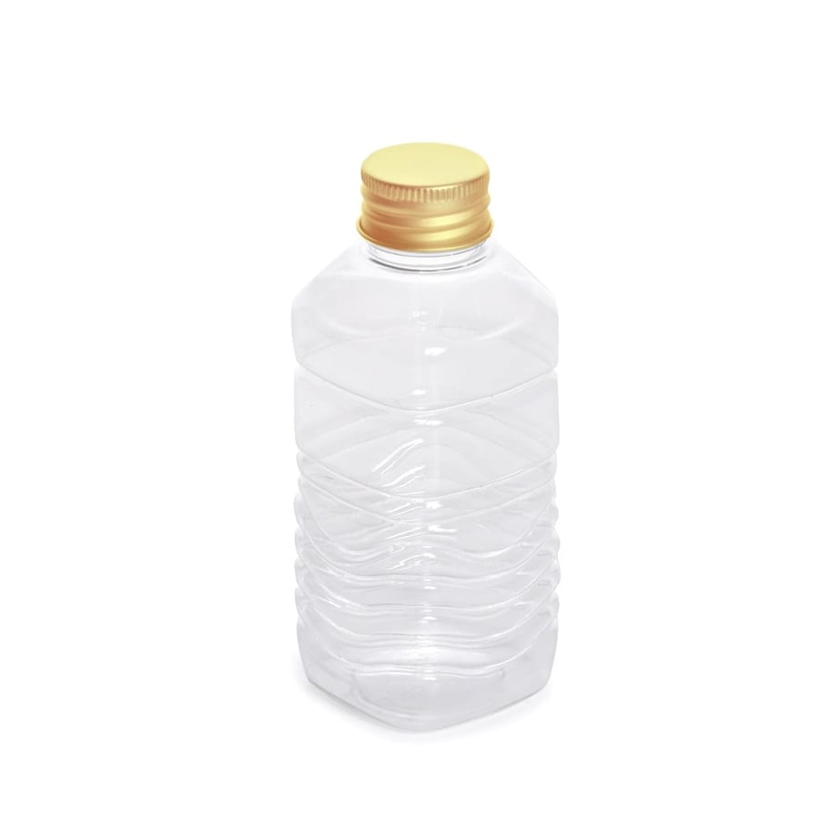 A set of (12) transparent plastic beverage containers with a gold lid - 130 ml