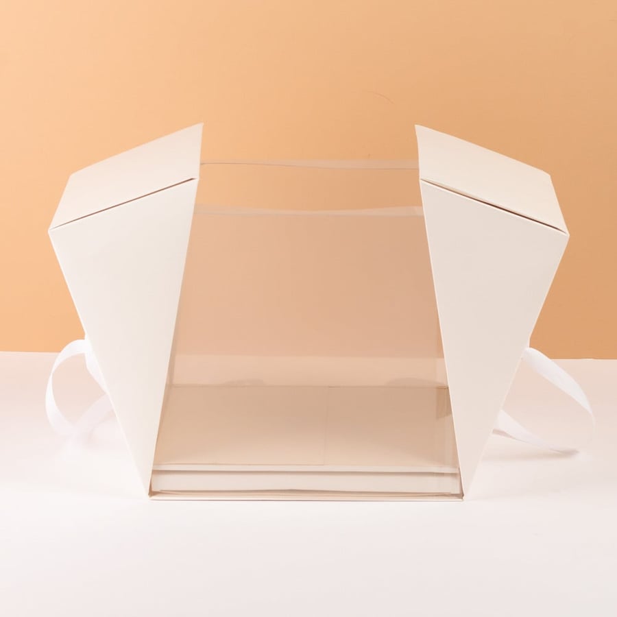 Luxury white cake box with clear windows and white ribbon