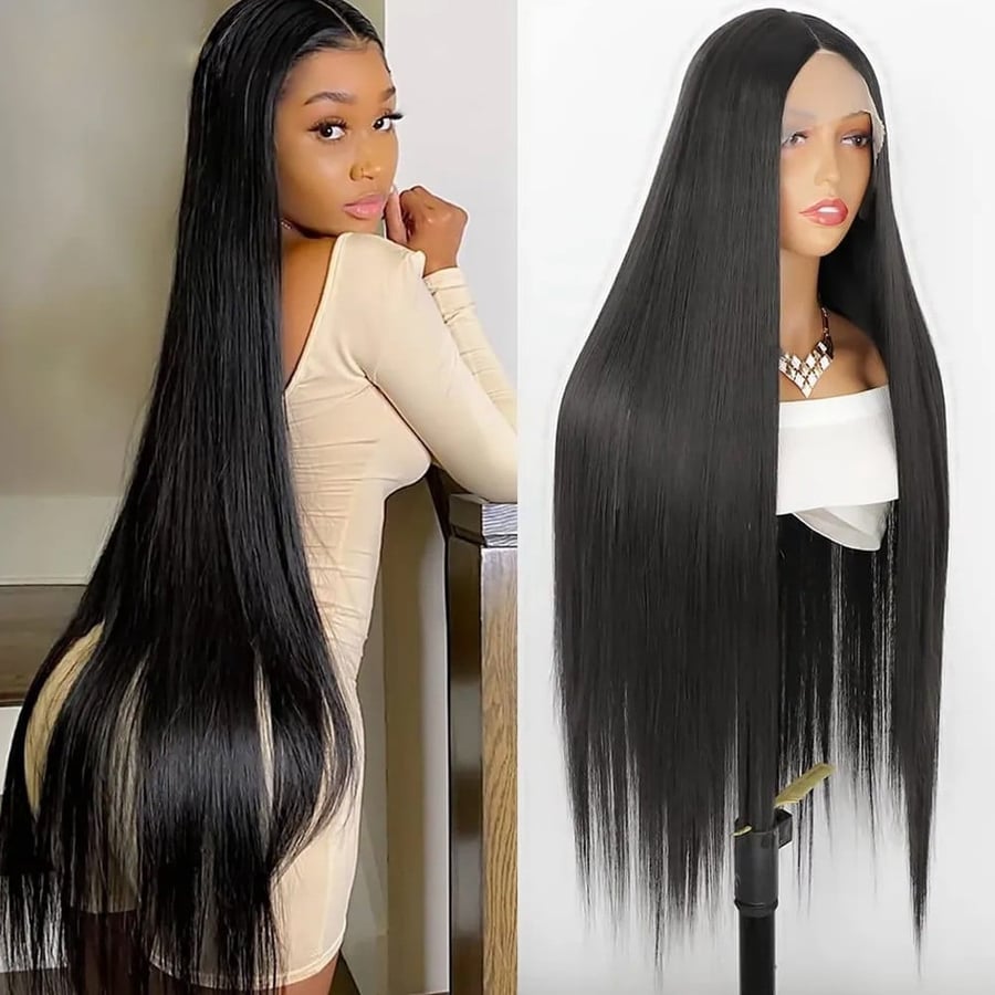 باروكة شعر أسود جذور أمامية ناعم طويل