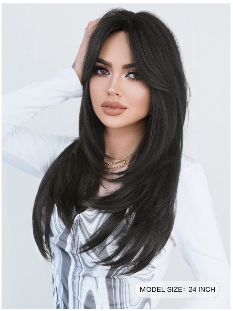 باروكة نسائي أسود طبيعي بغرة ناعم 24 إنش