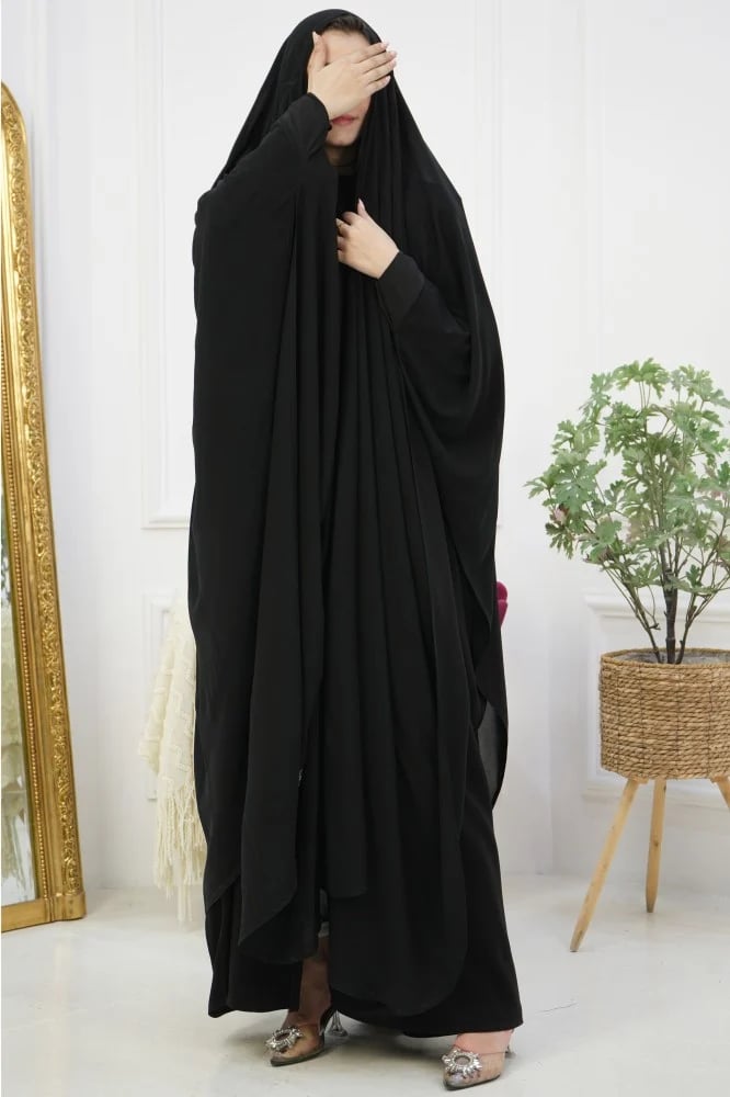 عباية خمار رأس سوداء من قماش ليزر كوري بتصميم ستريت عملي