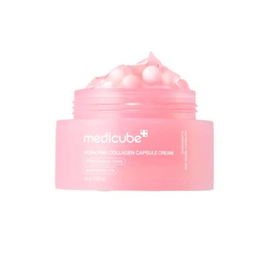كريم ميدكيوب PDRN Pink Collagen Capsule Cream في عبوة وردية مفتوحة