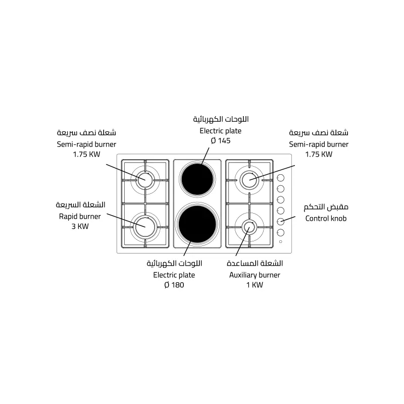 مسطح غاز مدمج (بلت ان) جنرال سوبريم 90 سم 4 شعلات غاز &2 حجر كهرباء, حديد زهر أمان كامل ايطالي GSH9042IGECM